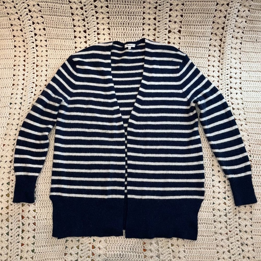 Madewell Navy/White Stripe Merino Wool/Alpaca Long Open Front Cardigan  Sz Med